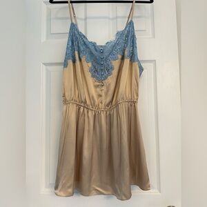 Rosamosario 100% Silk Satin and Chantilly French Lace Camisole Nude and Blue